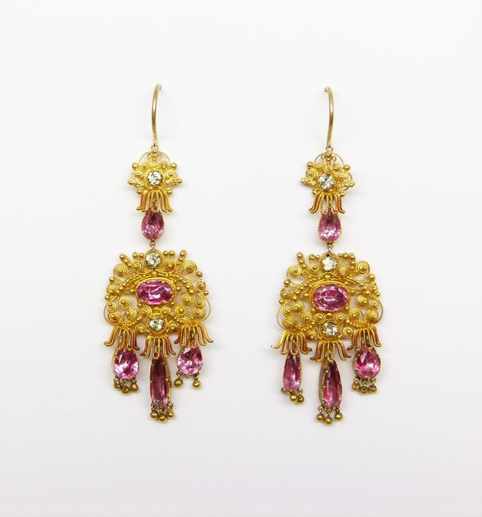 Pair of  cannetille gold and pink foiled topaz pendant earrings | MasterArt